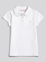 Girls Scallop Collar Polo Shirt in Bright White