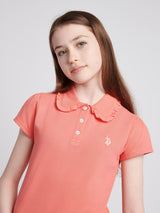 Girls Scallop Collar Polo Shirt in Sugar Coral