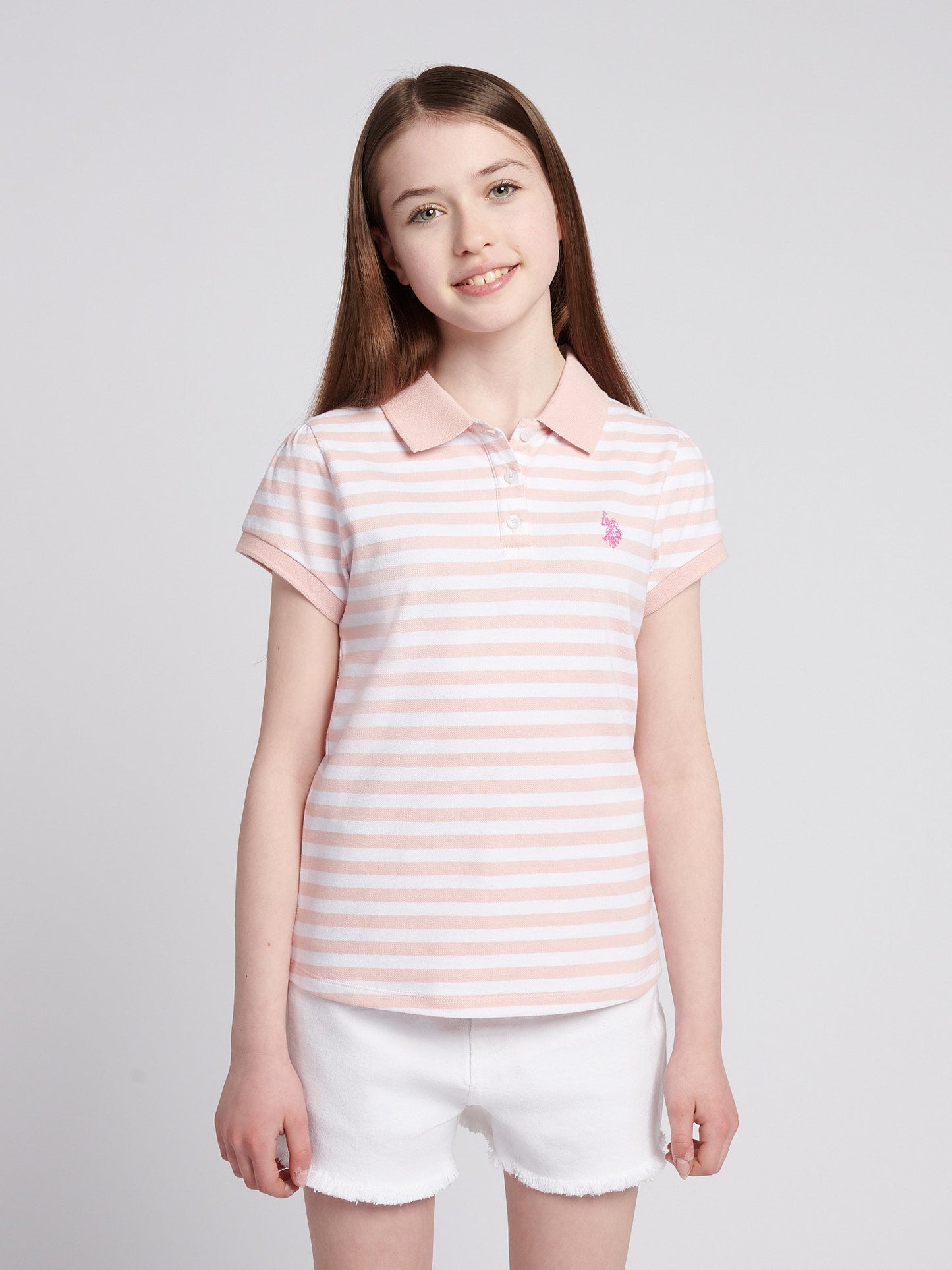 Girls Cap Sleeve Stripe Polo Shirt in Crystal Rose