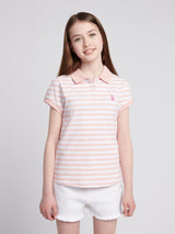 Girls Cap Sleeve Stripe Polo Shirt in Crystal Rose