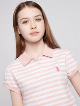Girls Cap Sleeve Stripe Polo Shirt in Crystal Rose