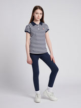 Girls Cap Sleeve Stripe Polo Shirt in Navy Iris