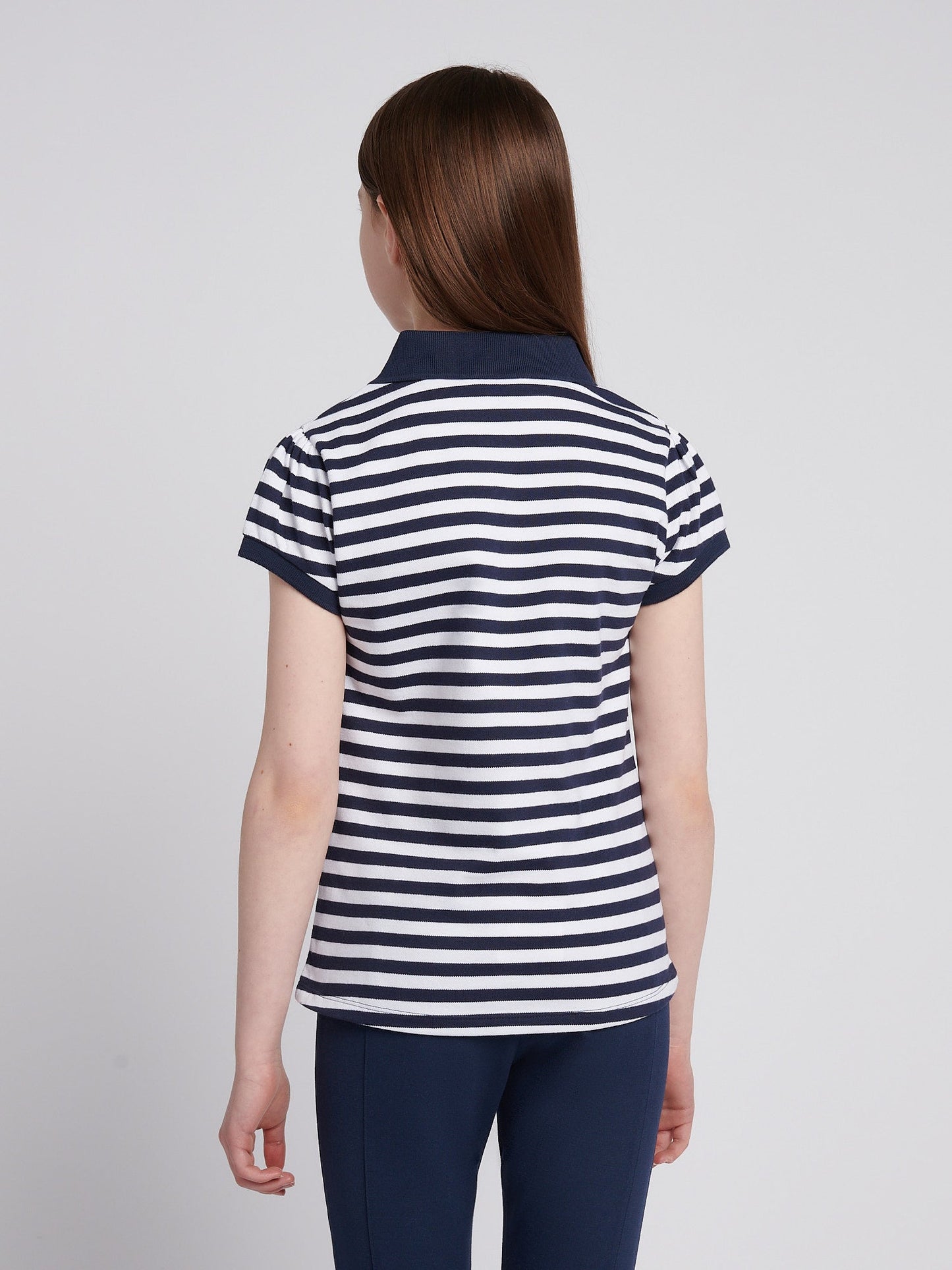 Girls Cap Sleeve Stripe Polo Shirt in Navy Iris