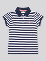 Girls Cap Sleeve Stripe Polo Shirt in Navy Iris