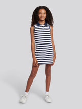 Girls Striped Sleeveless Polo Dress in Navy Iris