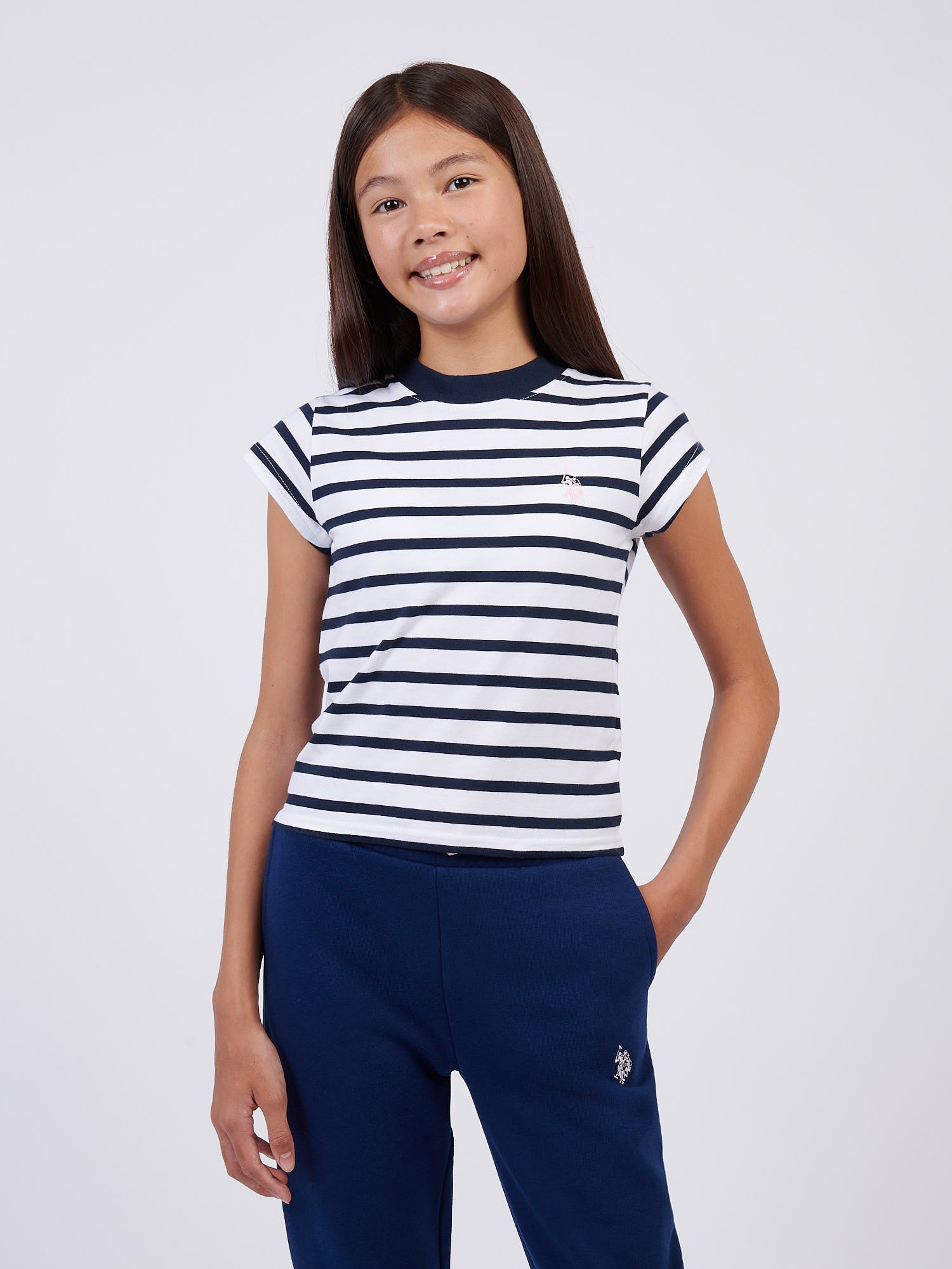 Girls Stripe Cap Sleeve T-Shirt in Navy Iris