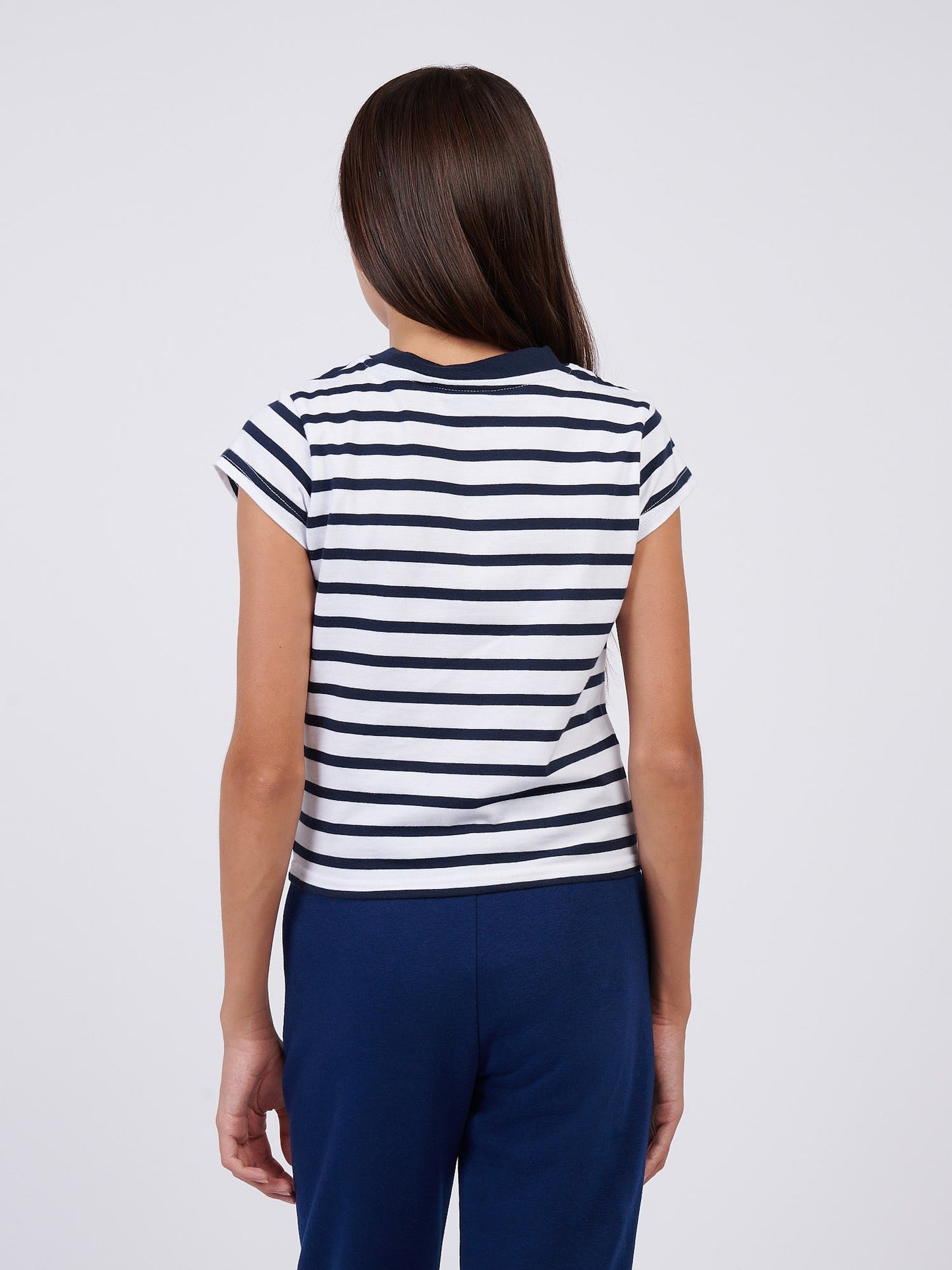 Girls Stripe Cap Sleeve T-Shirt in Navy Iris