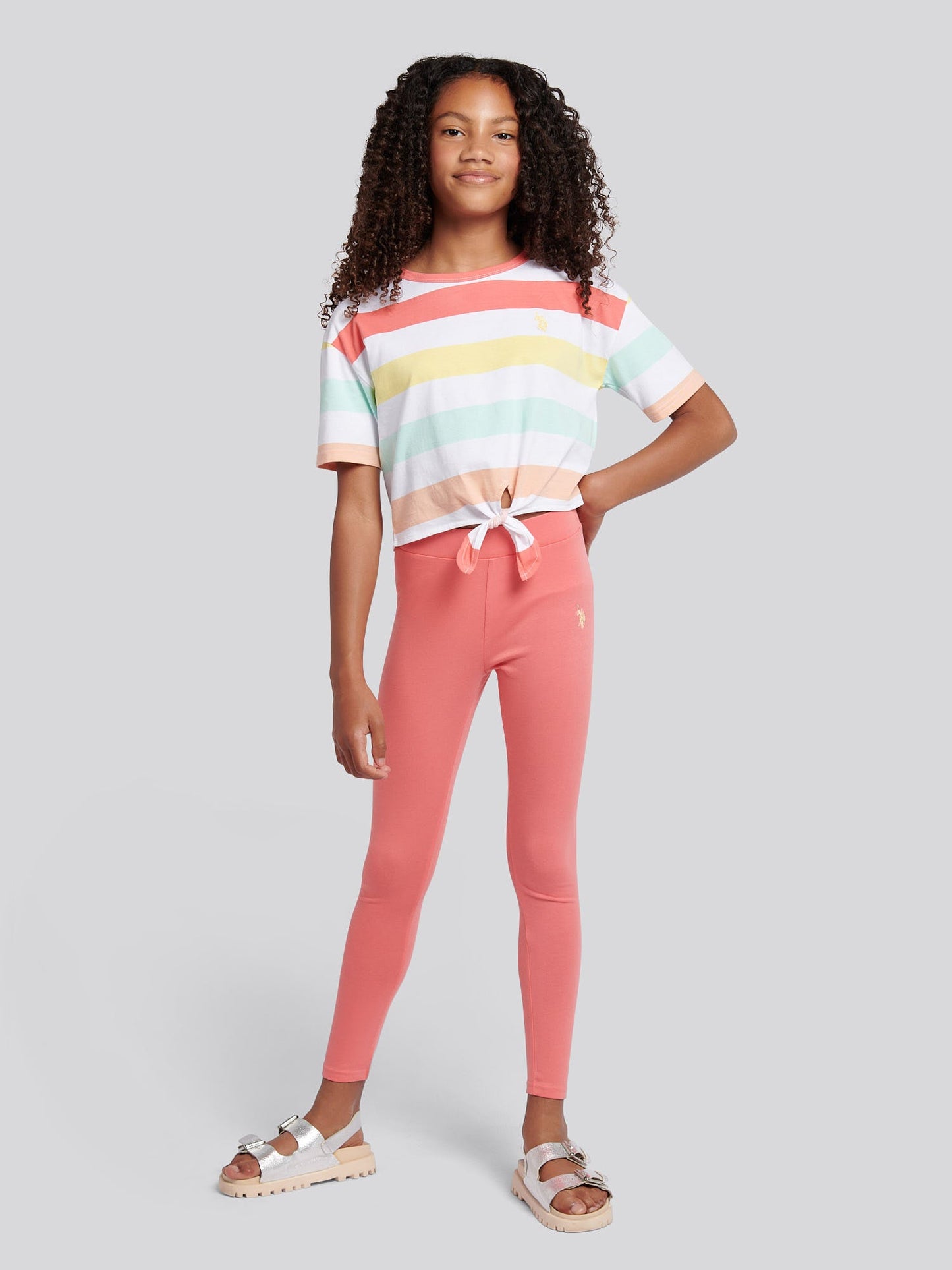 Girls Stripe T-Shirt & Legging Set in Sugar Coral