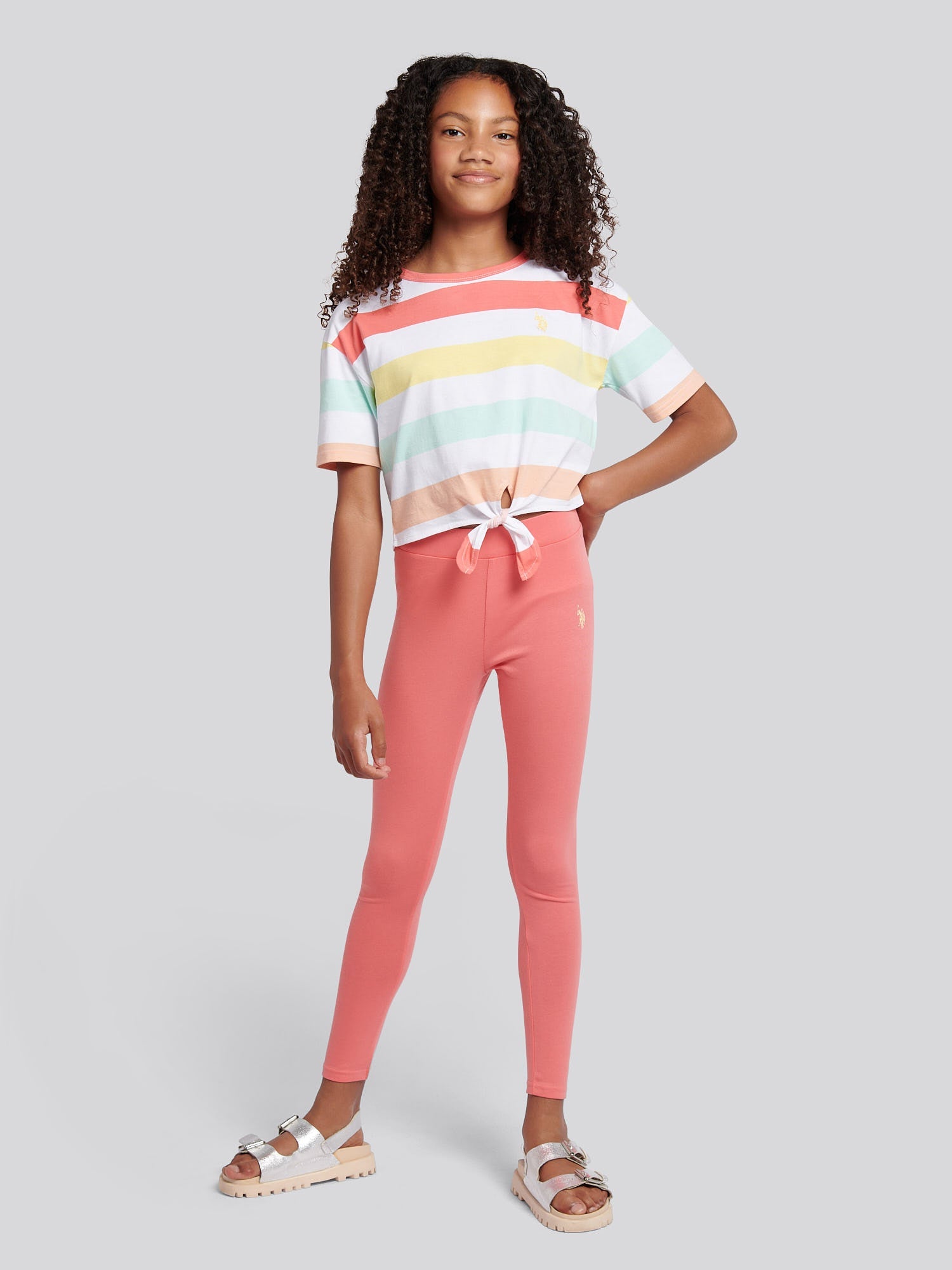 Girls Stripe T-Shirt & Legging Set in Sugar Coral