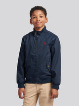 Boys Cotton Twill Harrington Jacket in Dark Sapphire Navy / Haute Red DHM