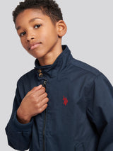 Boys Cotton Twill Harrington Jacket in Dark Sapphire Navy / Haute Red DHM