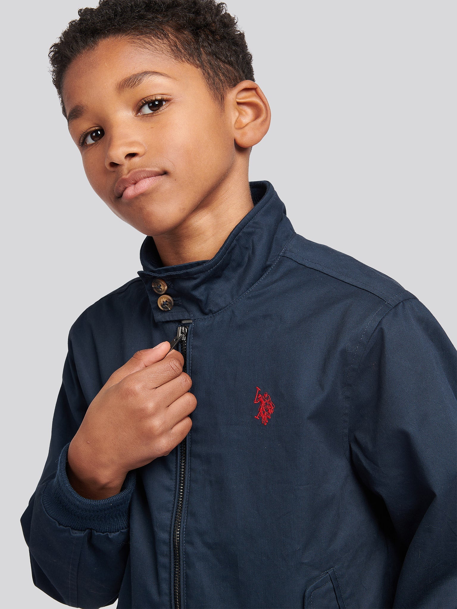 Boys Cotton Twill Harrington Jacket in Dark Sapphire Navy / Haute Red DHM
