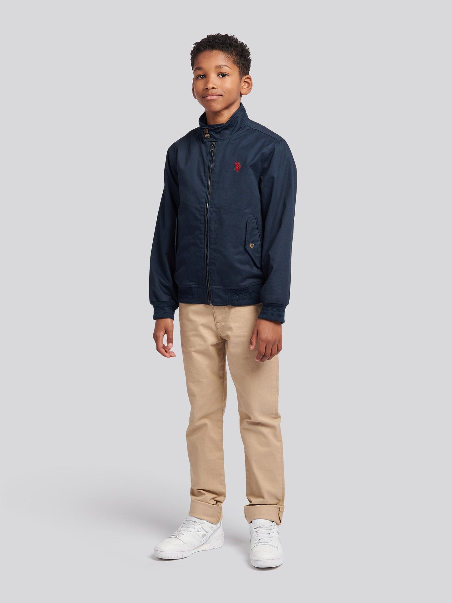 Boys Cotton Twill Harrington Jacket in Dark Sapphire Navy / Haute Red DHM