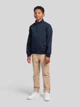 Boys Cotton Twill Harrington Jacket in Dark Sapphire Navy / Haute Red DHM