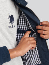 Boys Cotton Twill Harrington Jacket in Dark Sapphire Navy / Haute Red DHM