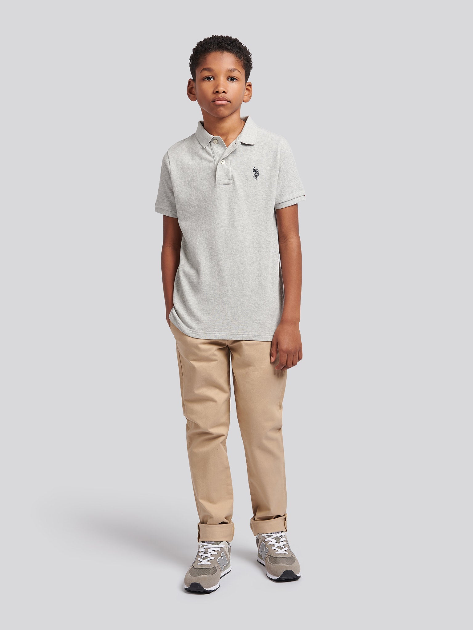 Boys Double Horsemen Polo Shirt in Mid Grey Marl