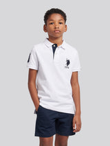 Boys Player 3 Polo Shirt in White / Dark Sapphire Navy DHM