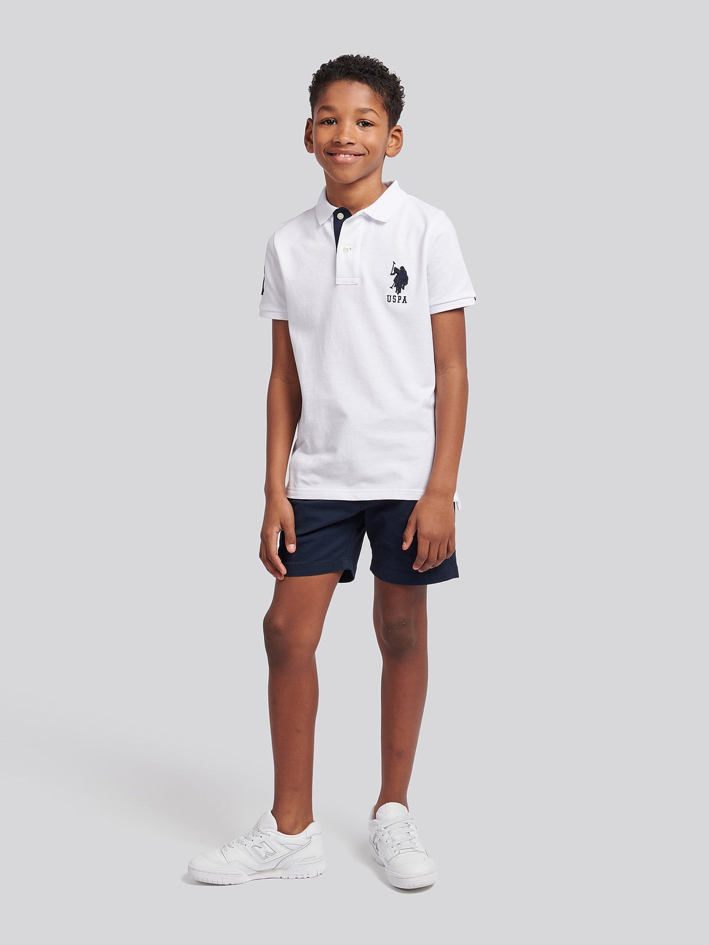 Boys Player 3 Polo Shirt in White / Dark Sapphire Navy DHM