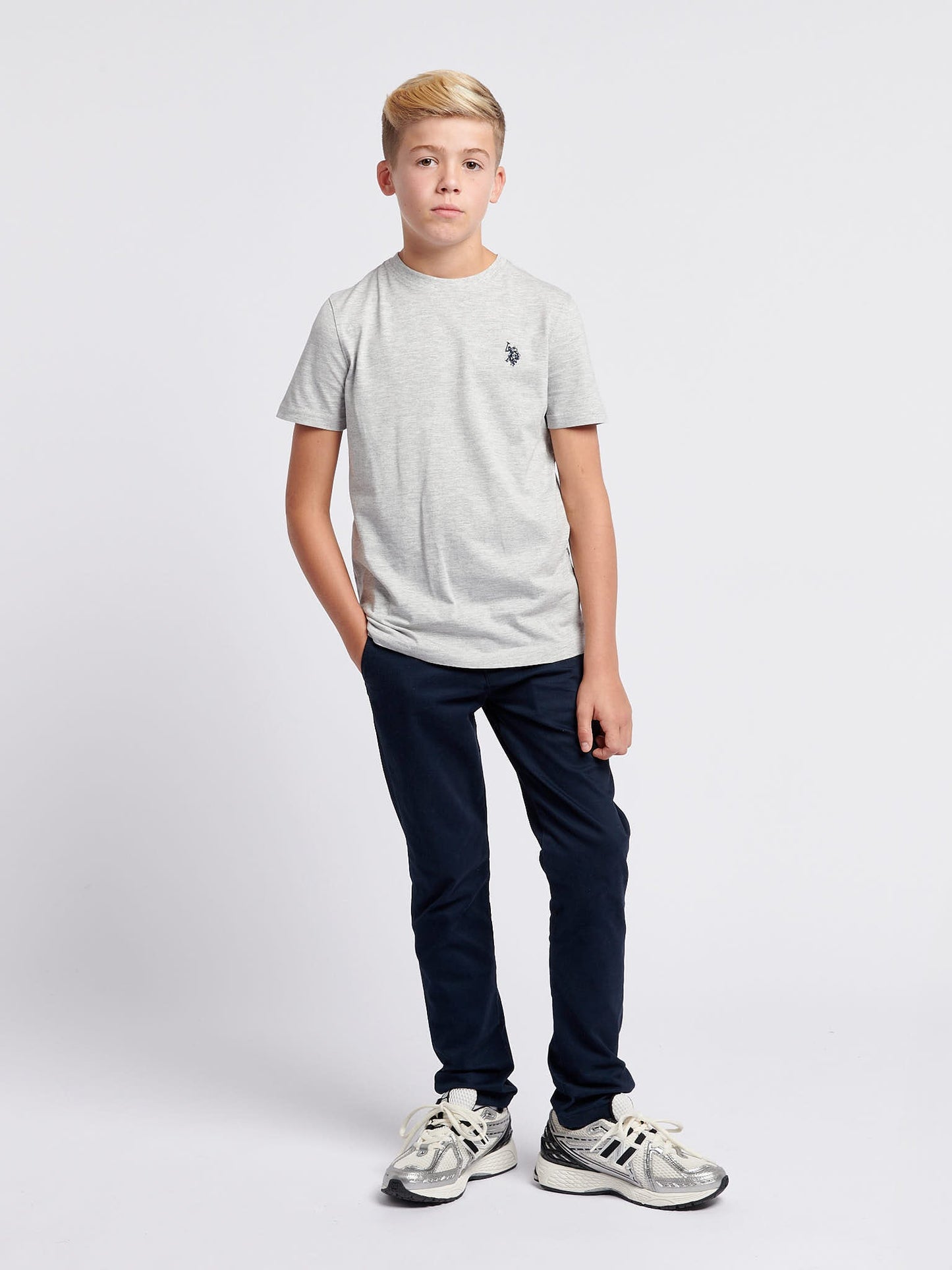 Boys Double Horsemen T- Shirt in Mid Grey Marl