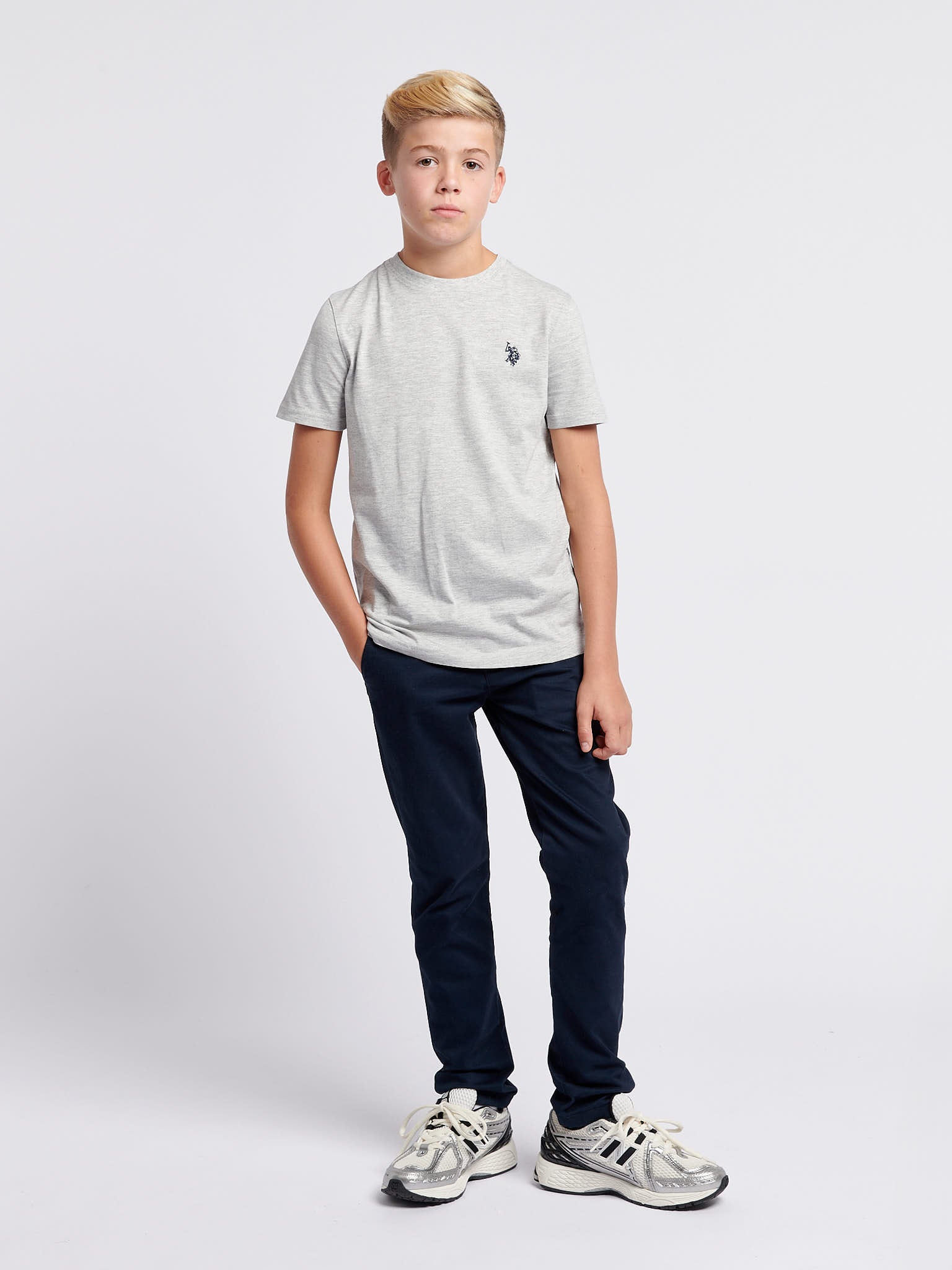 Boys Double Horsemen T- Shirt in Mid Grey Marl