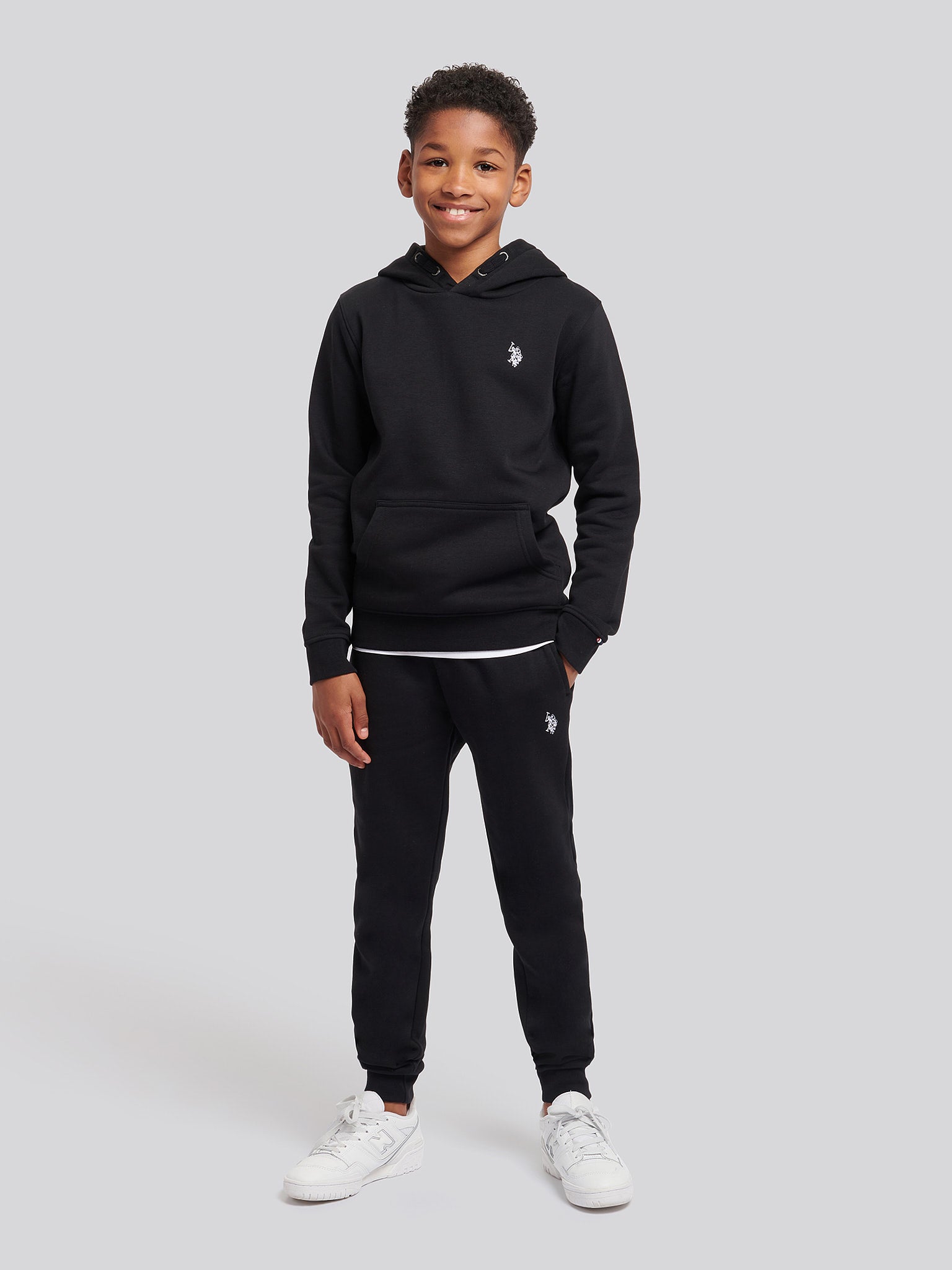Boys Double Horsemen Brush Back Hoodie in Black Bright White DHM