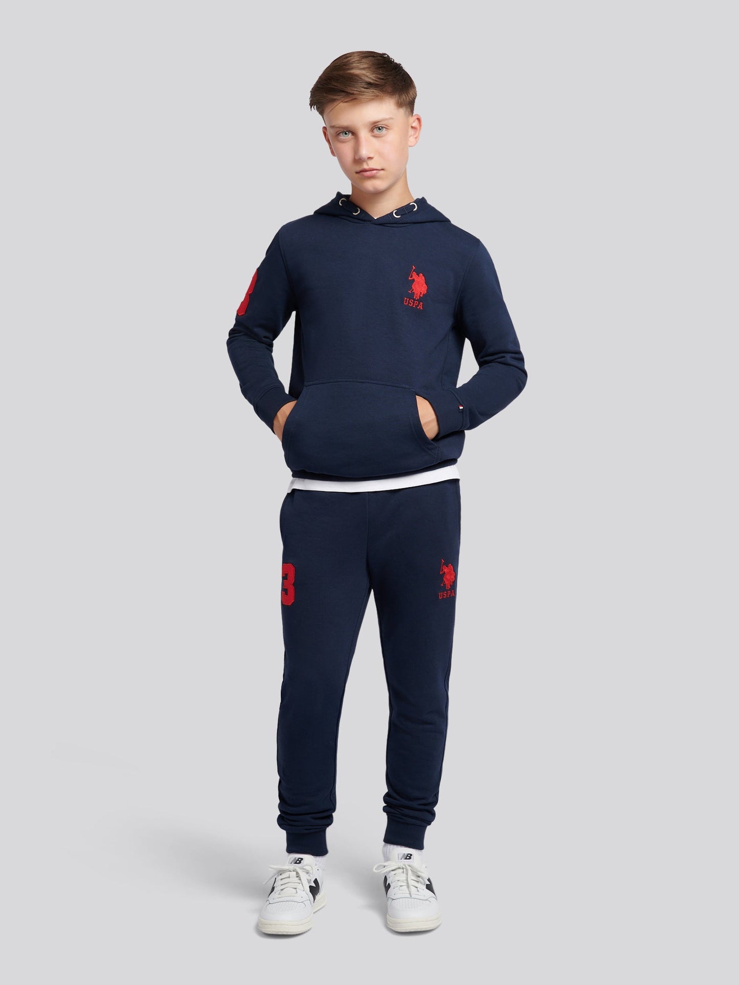 Boys Player 3 Brush Back Hoodie in Dark Sapphire Navy / Haute Red DHM