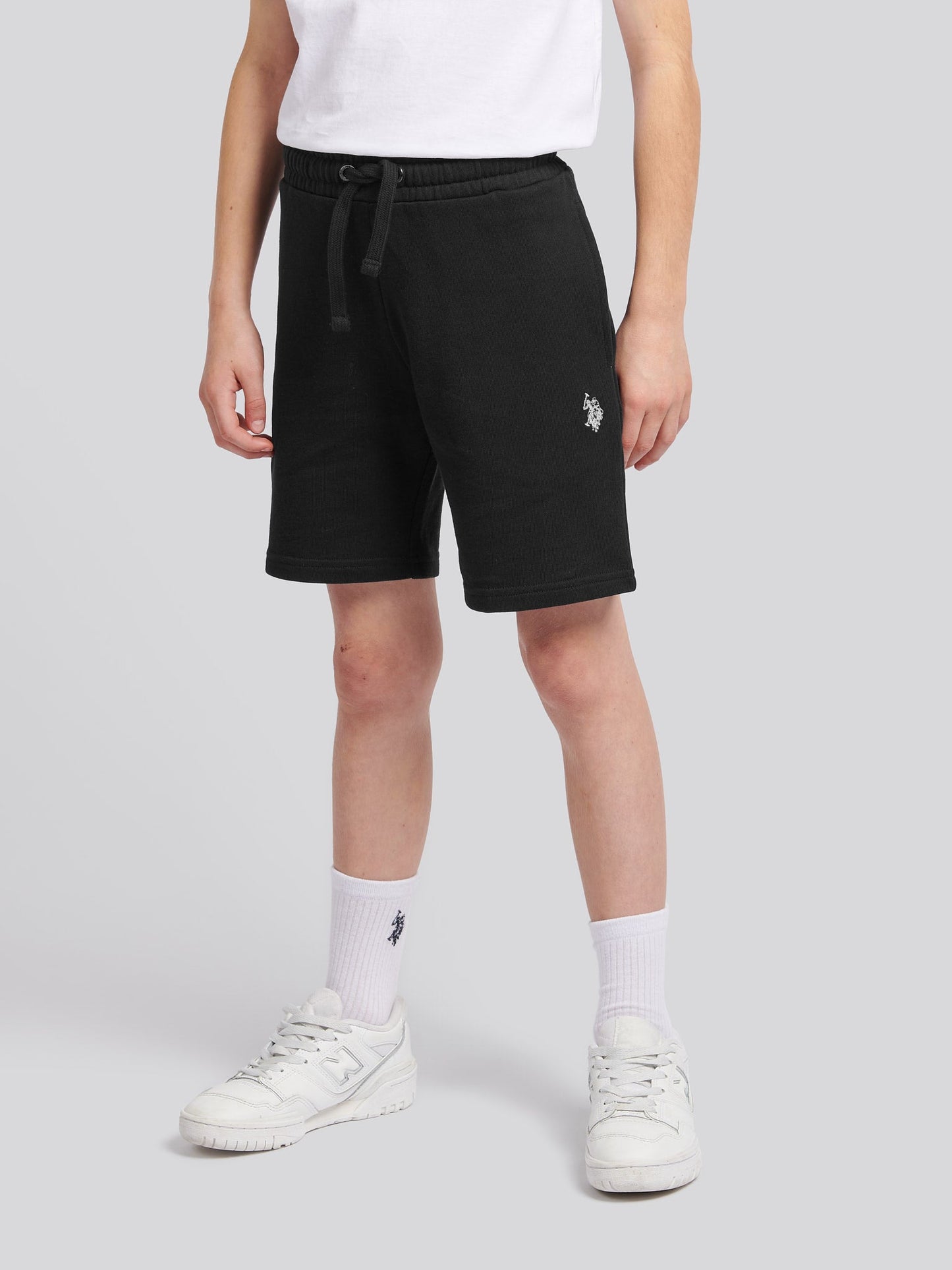 Boys Double Horsemen Sweat Short in Black Bright White DHM