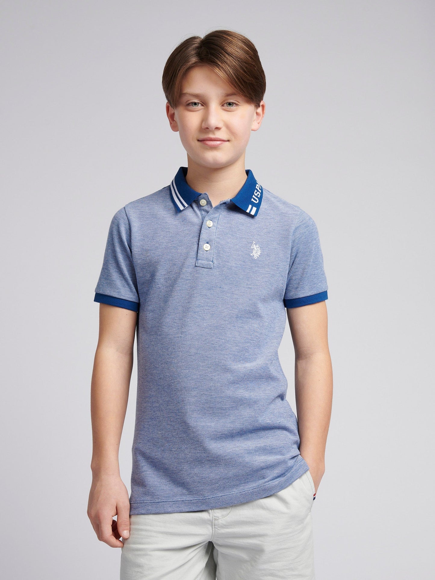 Boys Two Tone Pique Polo Shirt in Navy Peony