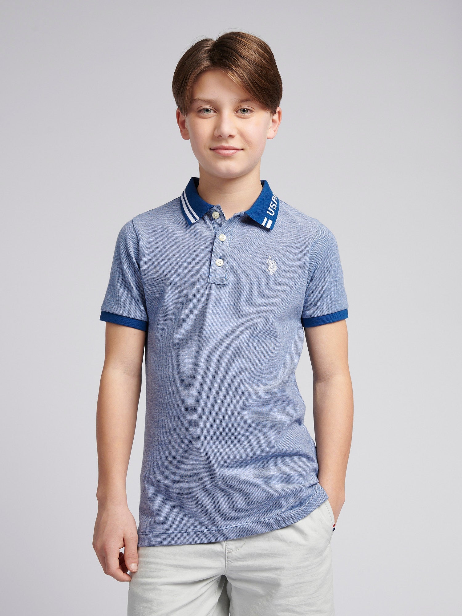 Boys Two Tone Pique Polo Shirt in Navy Peony