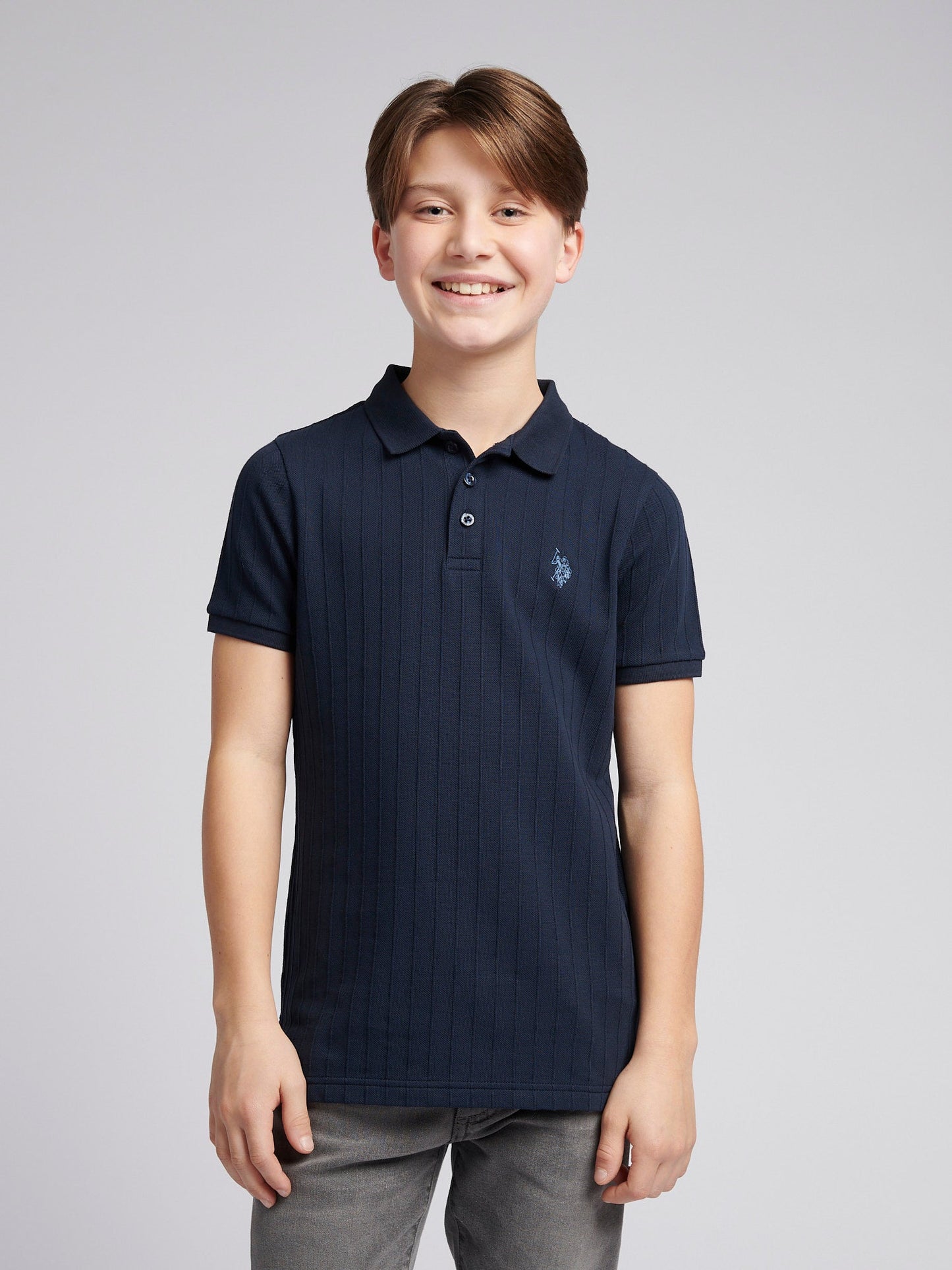 Boys Wide Rib Polo Shirt in Dark Sapphire Navy / Moonlight Blue DHM