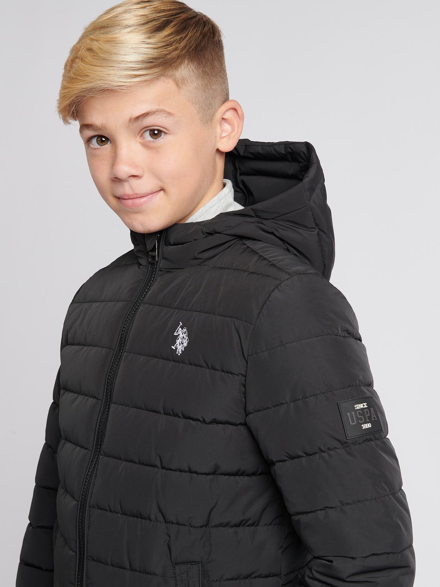 Boys Lightweight Quilt Hooded Puffer Jacket in Black