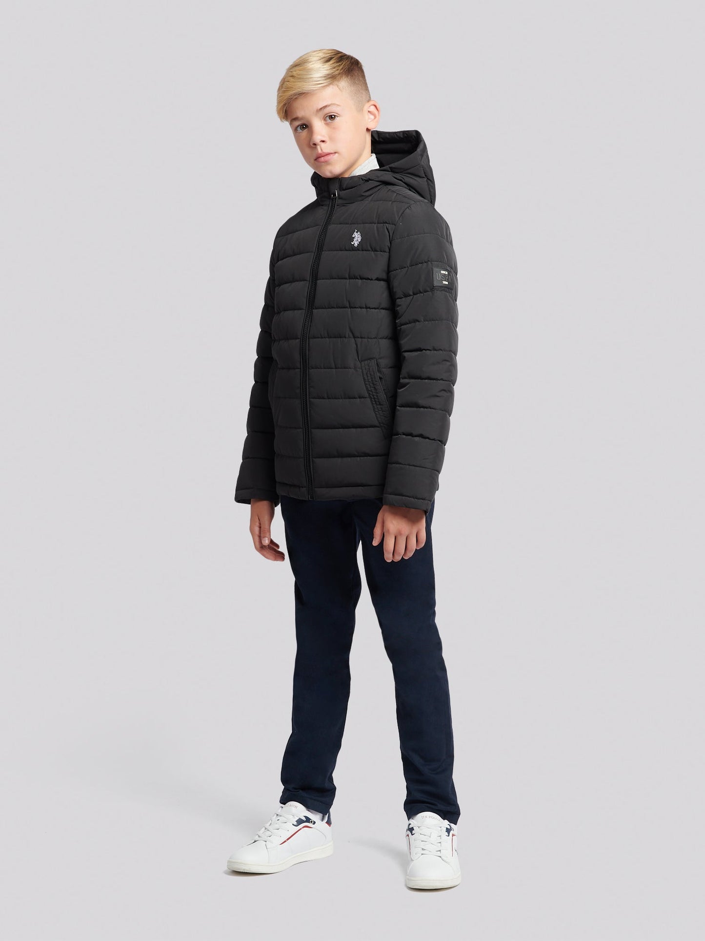 Boys Lightweight Quilt Hooded Puffer Jacket in Black