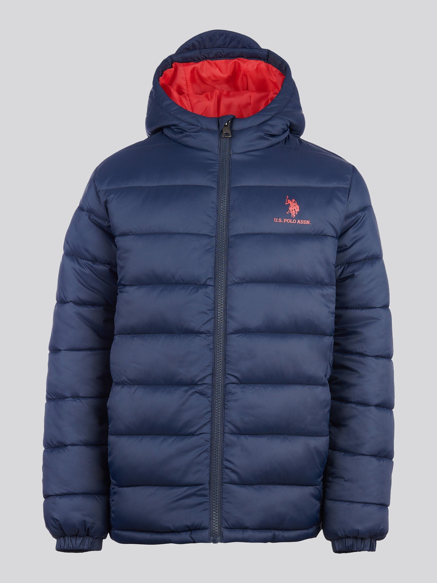 Boys Hooded Quilted Jacket in Dark Sapphire Navy / Haute Red DHM