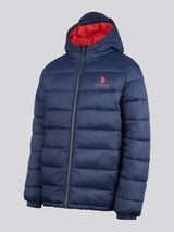 Boys Hooded Quilted Jacket in Dark Sapphire Navy / Haute Red DHM