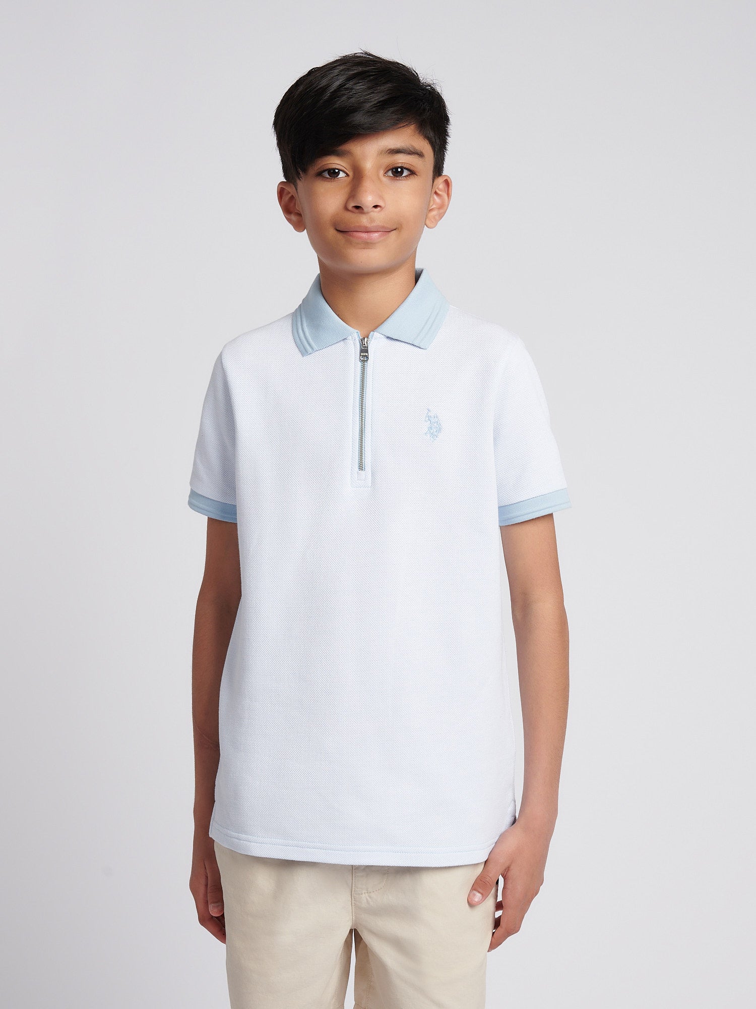 Boys Smart Two Tone Zip Polo Shirt Chambray Blue