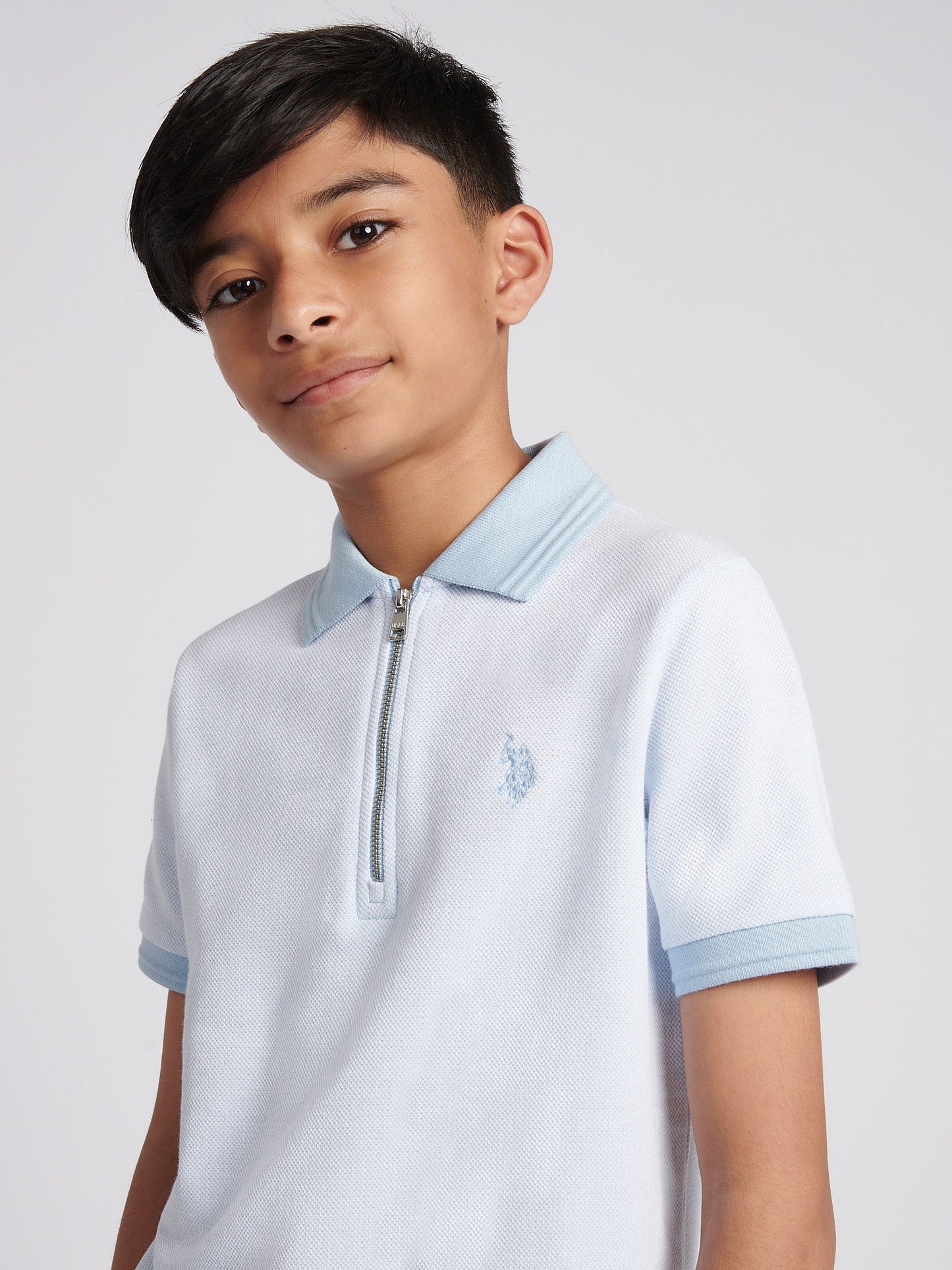 Boys Smart Two Tone Zip Polo Shirt Chambray Blue