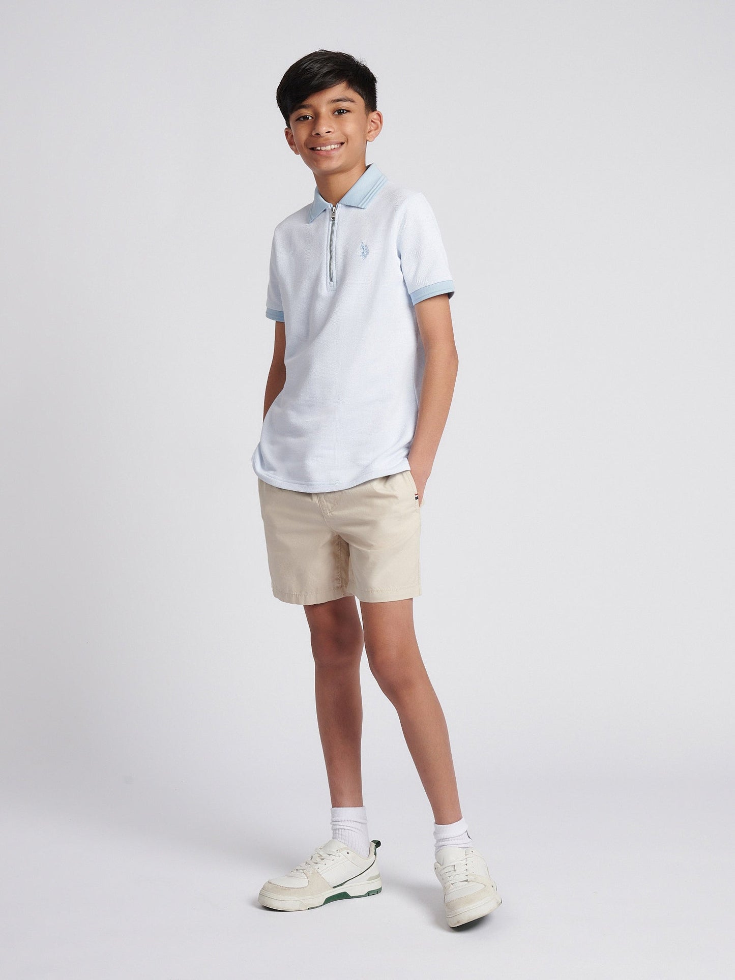 Boys Smart Two Tone Zip Polo Shirt Chambray Blue