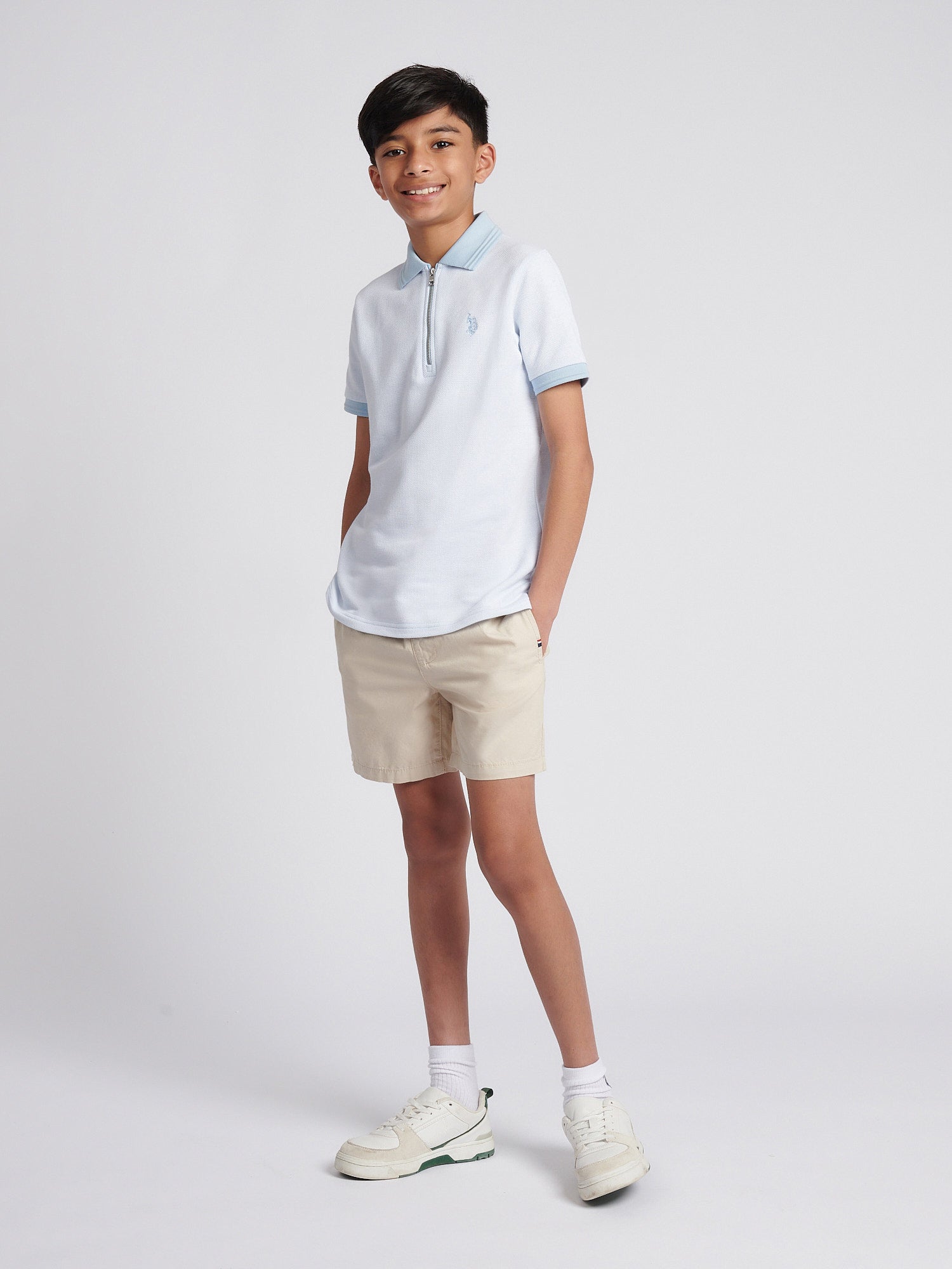 Boys Smart Two Tone Zip Polo Shirt Chambray Blue