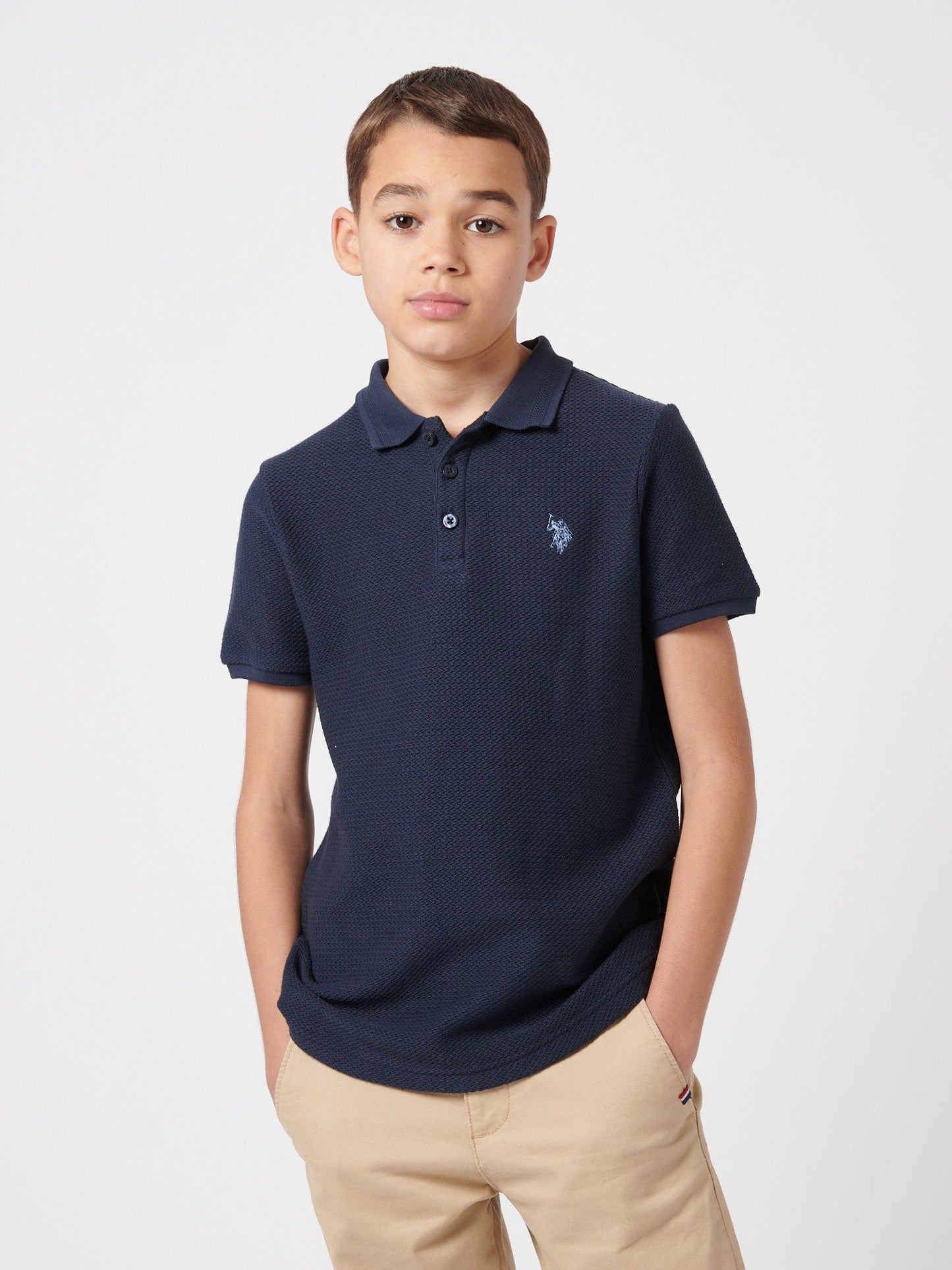 Boys Texture Double Horsemen Polo Shirt Dark Sapphire Navy