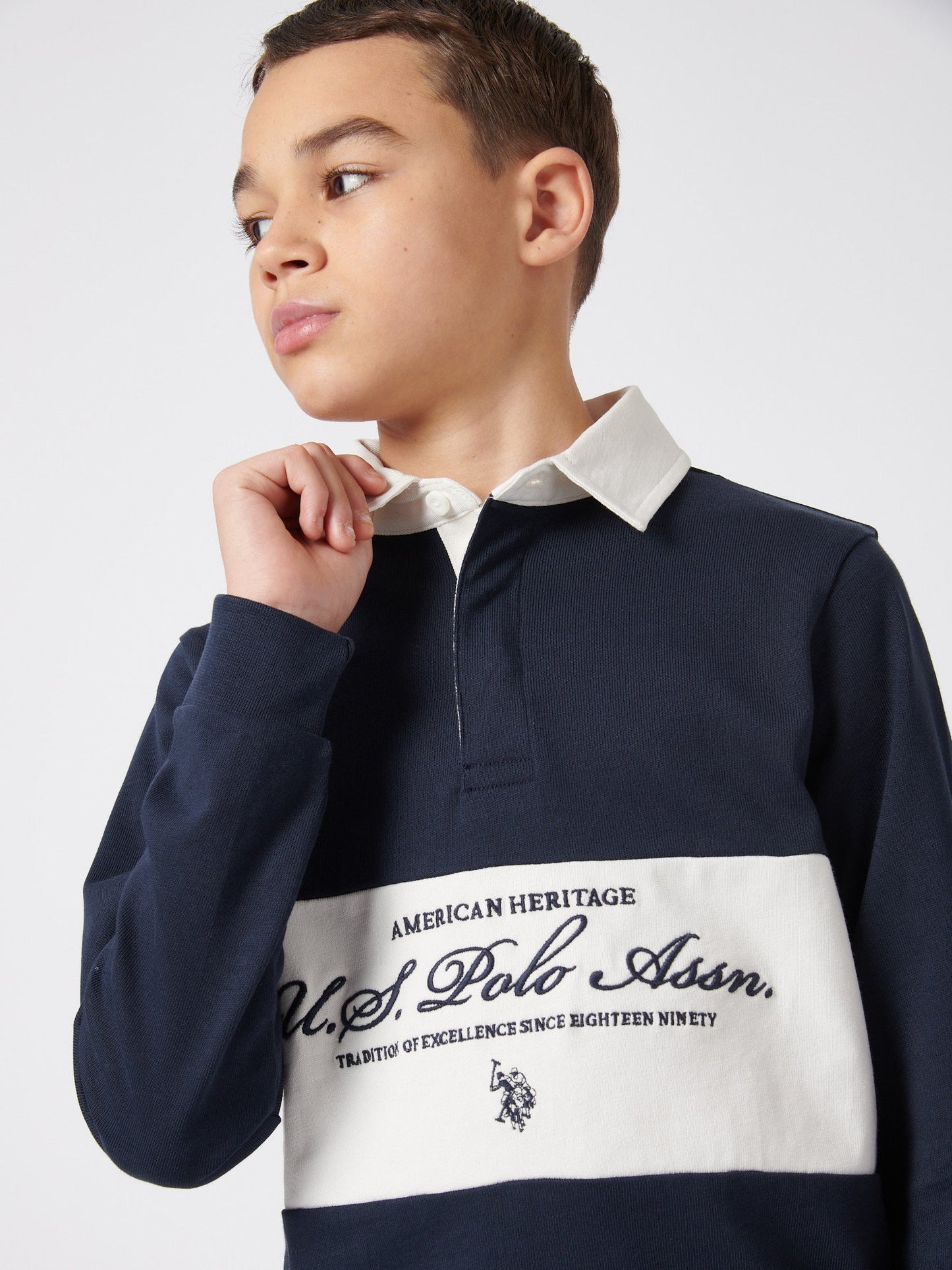 Boys Premium Embroidery Rugby Shirt in Dark Sapphire Navy