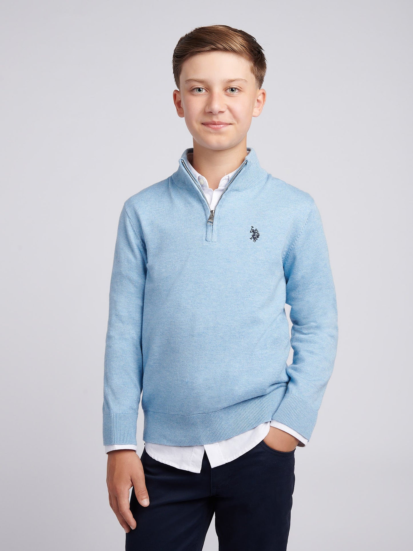 Boys Knitted Cotton Rich 1/4 Zip Parisian Blue Marl