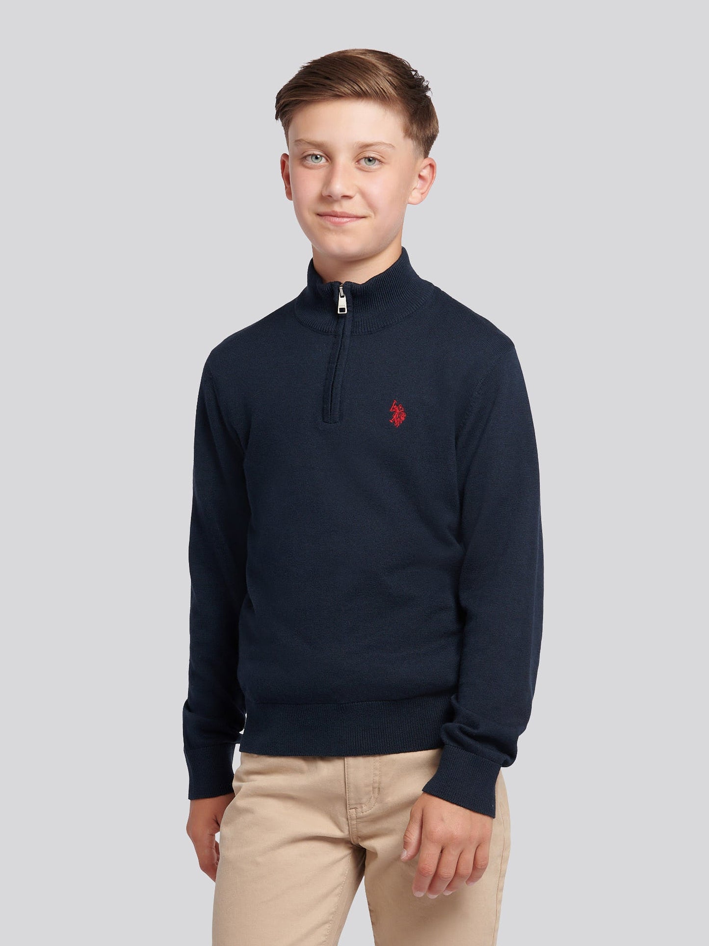 Boys Knitted Cotton Rich 1/4 Zip Dark Sapphire Navy / Haute Red DHM