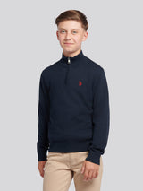 Boys Knitted Cotton Rich 1/4 Zip Dark Sapphire Navy / Haute Red DHM