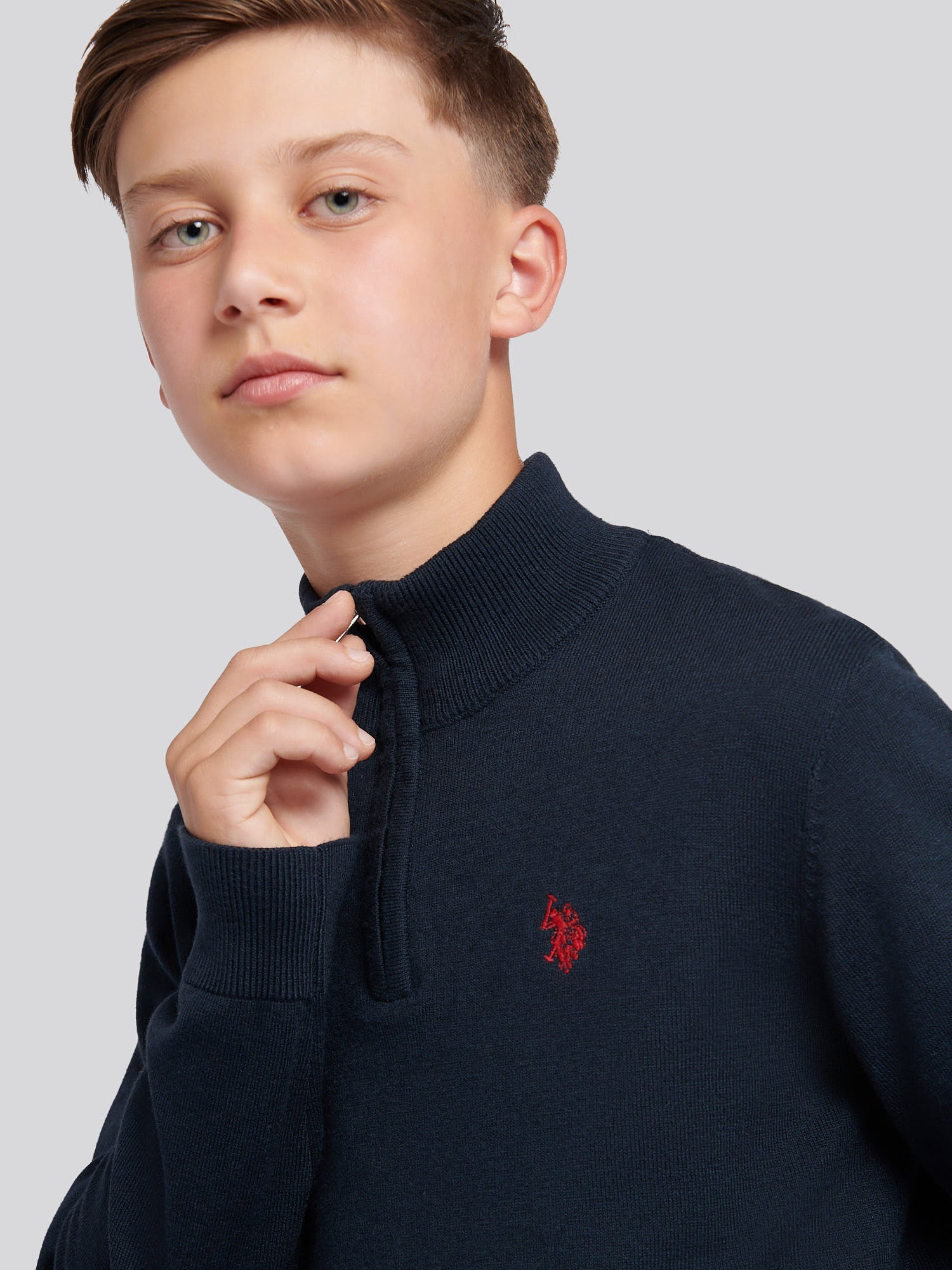 Boys Knitted Cotton Rich 1/4 Zip Dark Sapphire Navy / Haute Red DHM