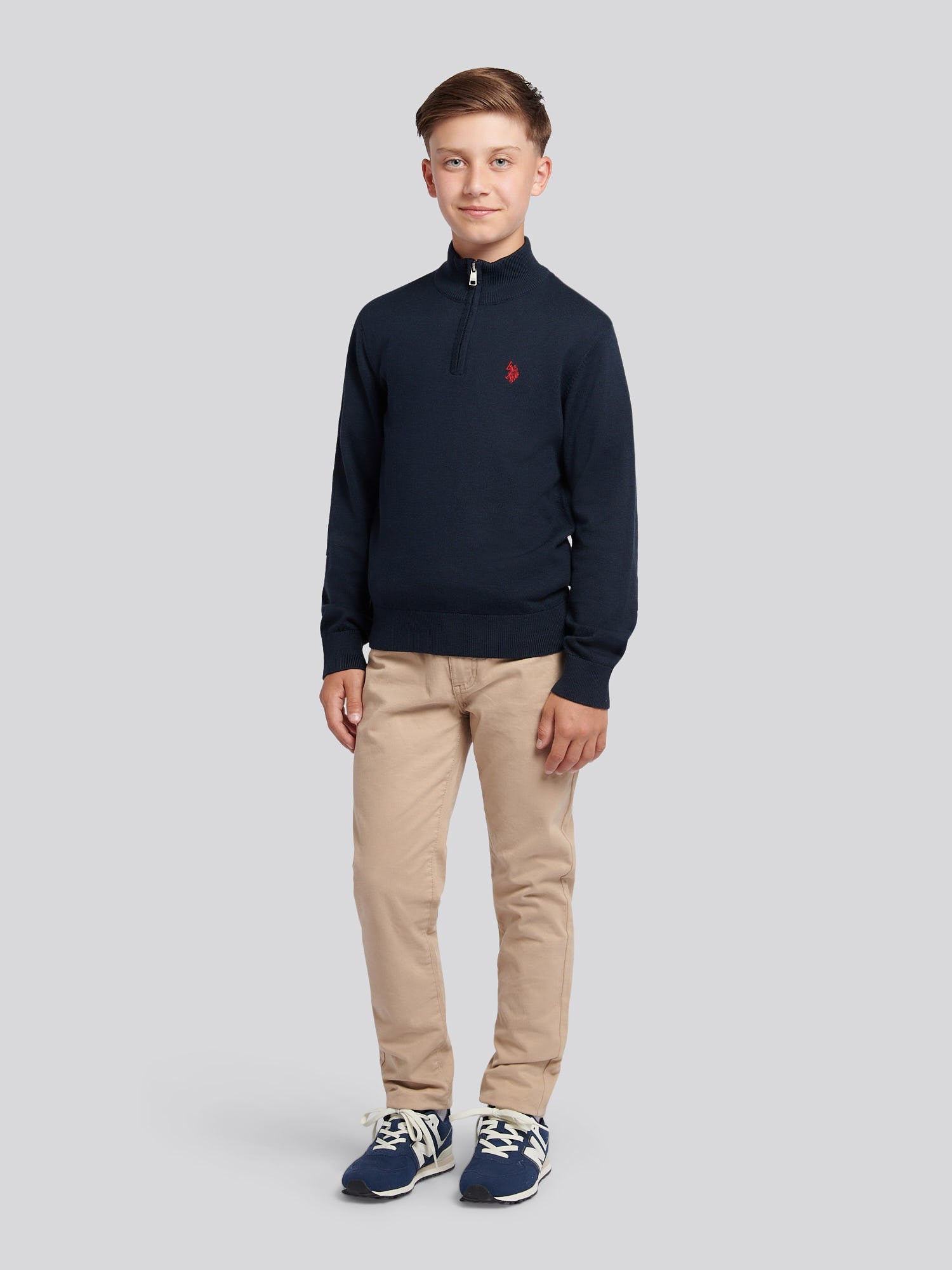 Boys Knitted Cotton Rich 1/4 Zip Dark Sapphire Navy / Haute Red DHM