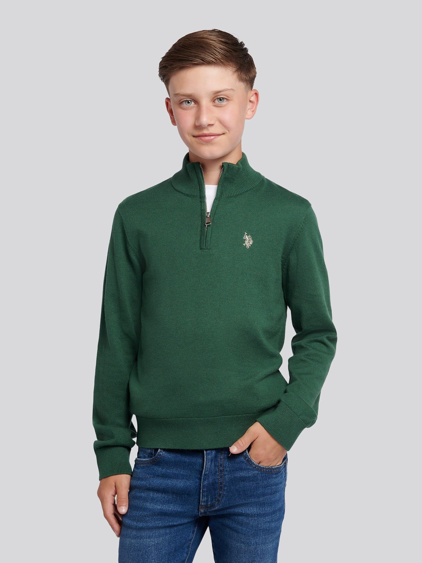 Boys Knitted Cotton Rich 1/4 Zip Pineneedle
