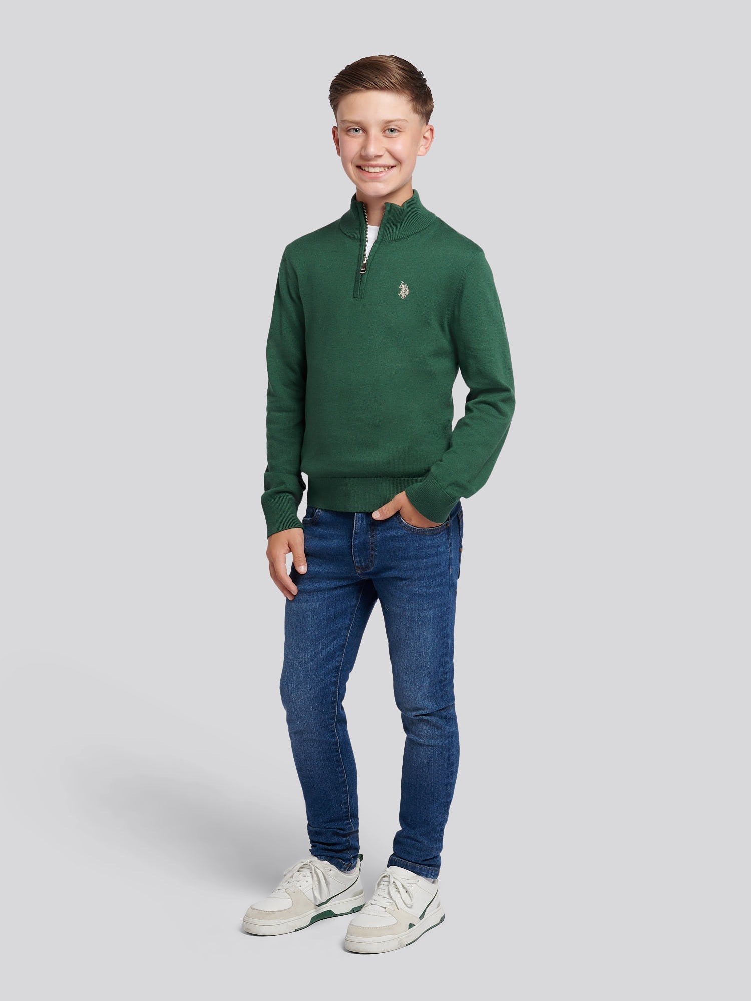 Boys Knitted Cotton Rich 1/4 Zip Pineneedle