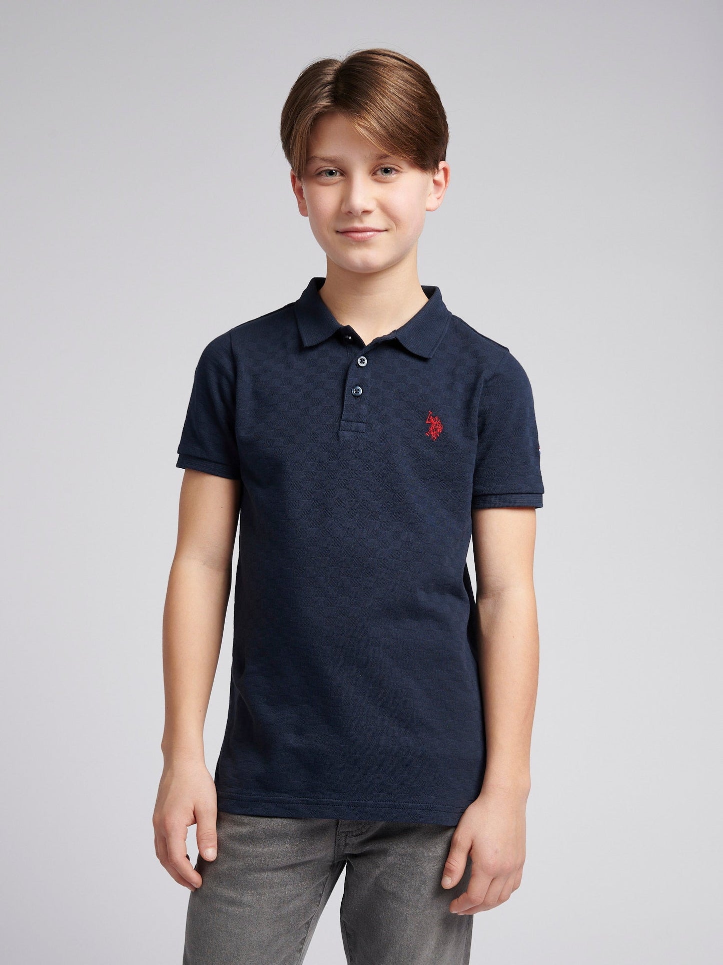 Boys Check Texture Polo Shirt Dark Sapphire Navy / Haute Red DHM