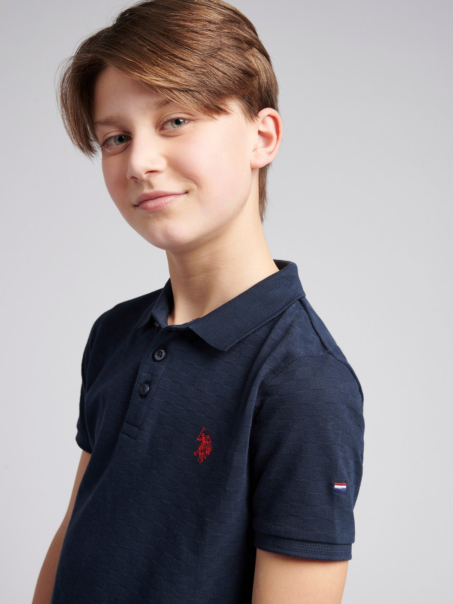 Boys Check Texture Polo Shirt Dark Sapphire Navy / Haute Red DHM