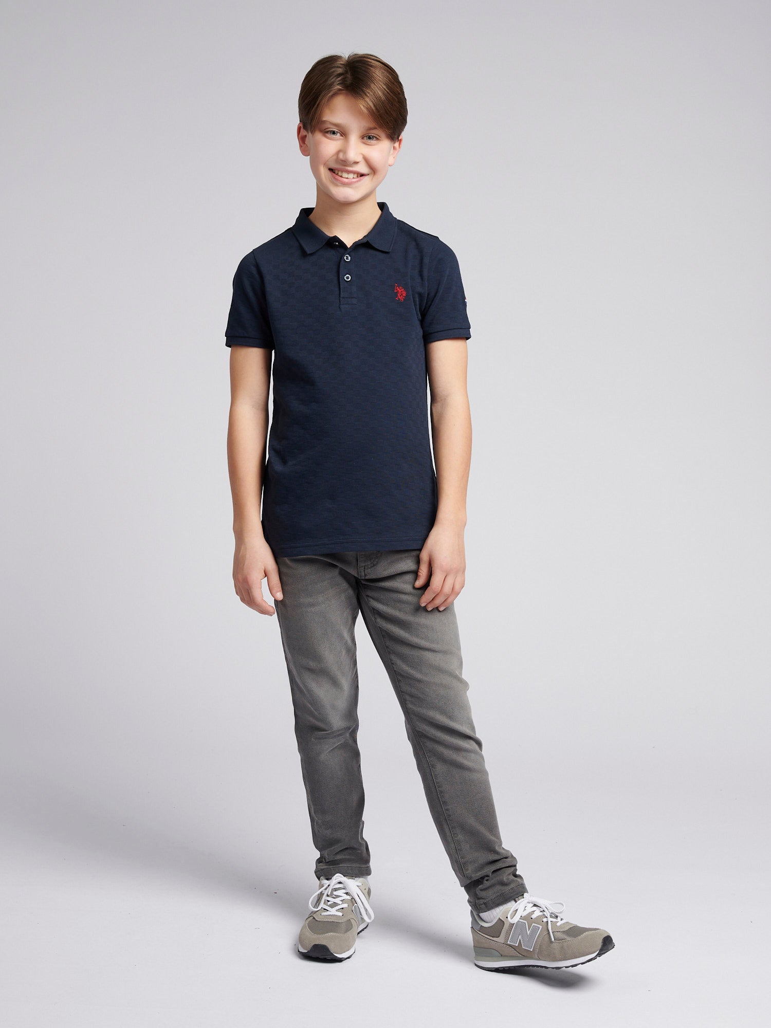 Boys Check Texture Polo Shirt Dark Sapphire Navy / Haute Red DHM